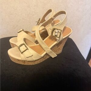 Cream Cork Wedge Slingback Sandals with Buckle Detail